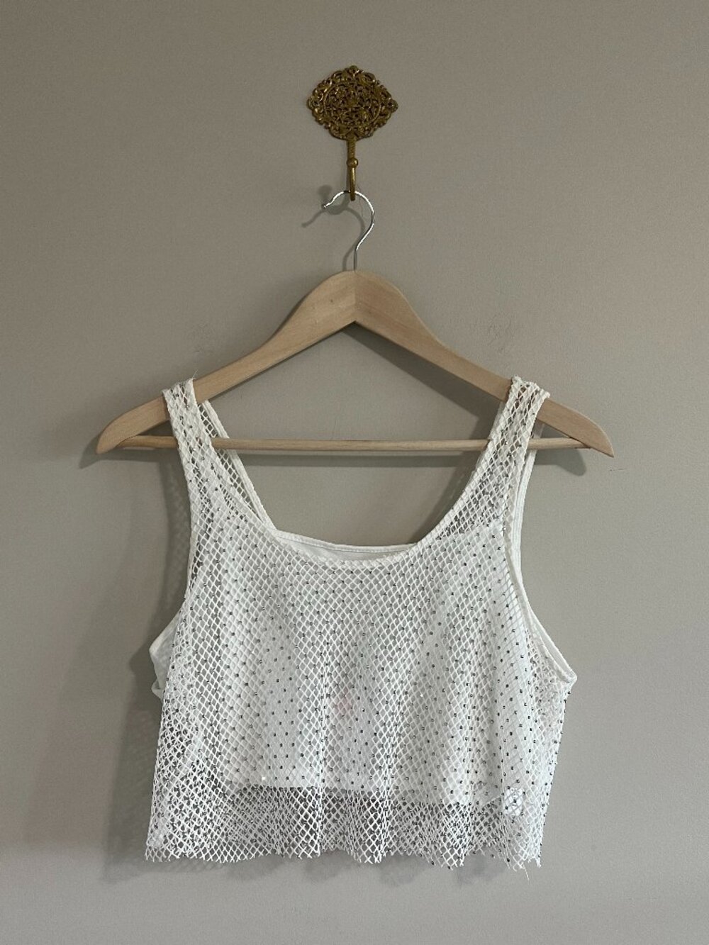 Sincerely Jules White Mesh Rhinestone Crop Top L Sheer Festival Tank NWT